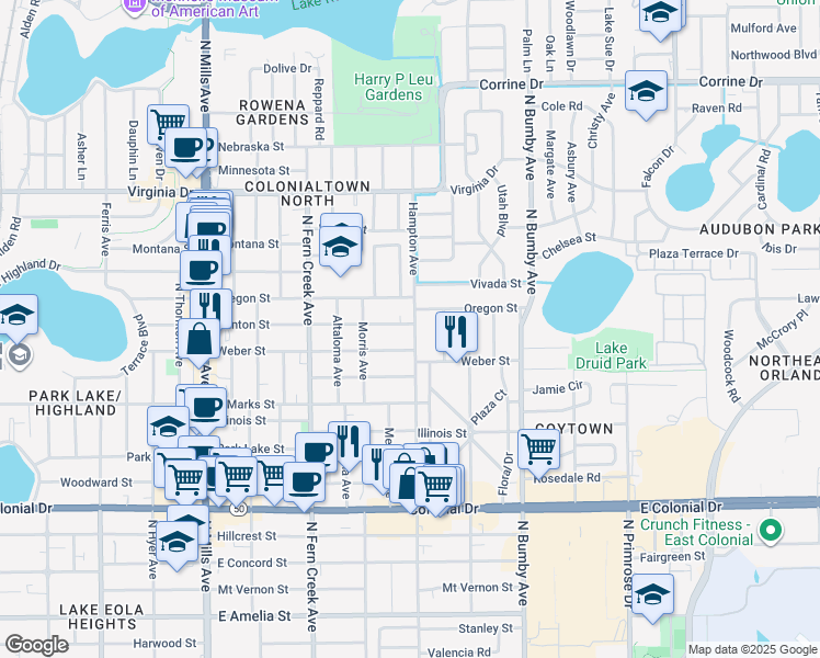 map of restaurants, bars, coffee shops, grocery stores, and more near 1910 Oregon Street in Orlando