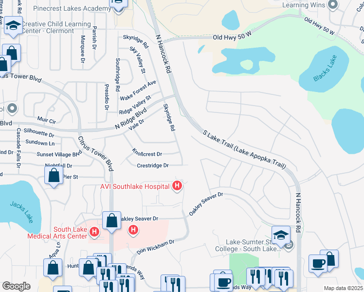 map of restaurants, bars, coffee shops, grocery stores, and more near 849 Skyridge Road in Clermont