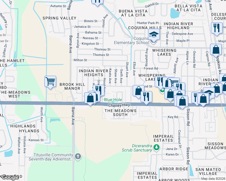 map of restaurants, bars, coffee shops, grocery stores, and more near 1250 Cheney Highway in Titusville