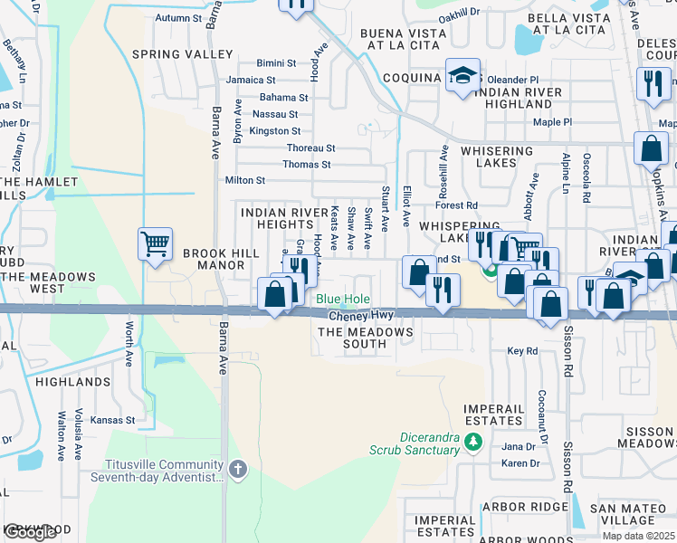 map of restaurants, bars, coffee shops, grocery stores, and more near 1250 Cheney Highway in Titusville