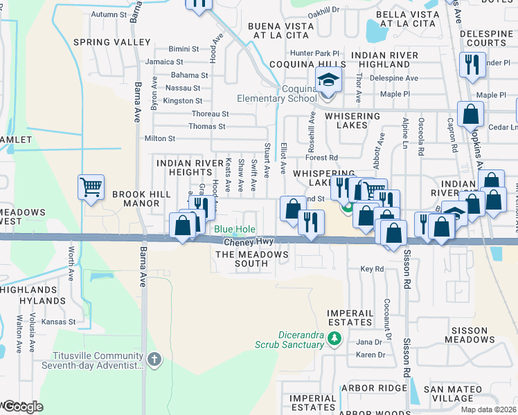 map of restaurants, bars, coffee shops, grocery stores, and more near 4505 Swift Avenue in Titusville