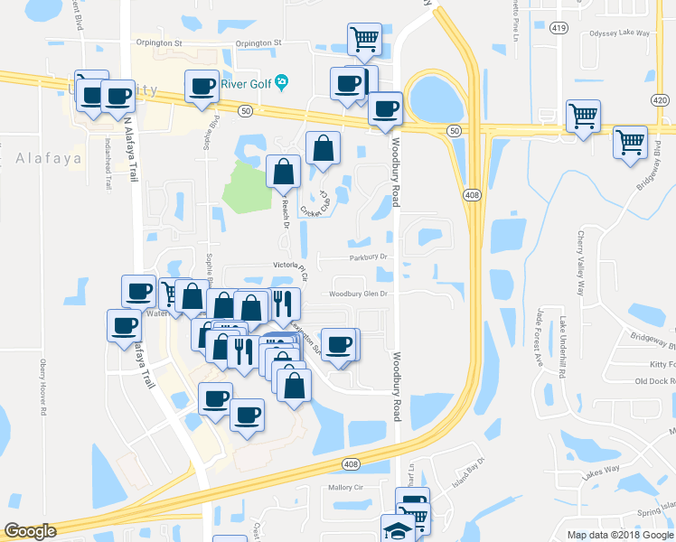 map of restaurants, bars, coffee shops, grocery stores, and more near 12731 Woodbury Oaks Dr in Orlando