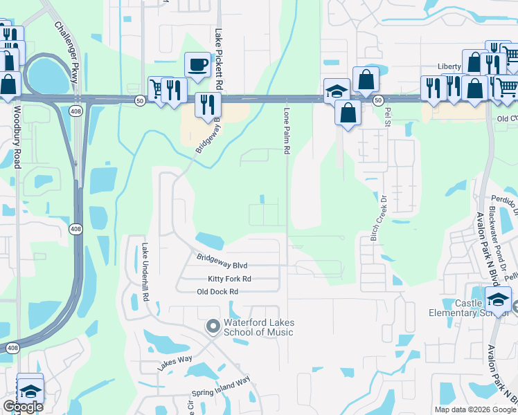 map of restaurants, bars, coffee shops, grocery stores, and more near 1466 Hancock Lone Palm Road in Orlando