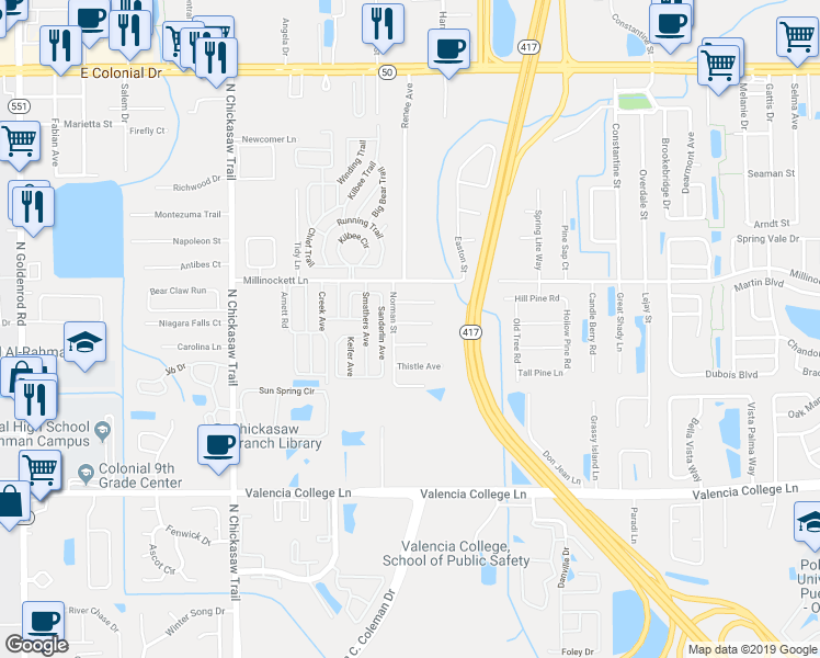 map of restaurants, bars, coffee shops, grocery stores, and more near 1261 Sanderlin Avenue in Orlando