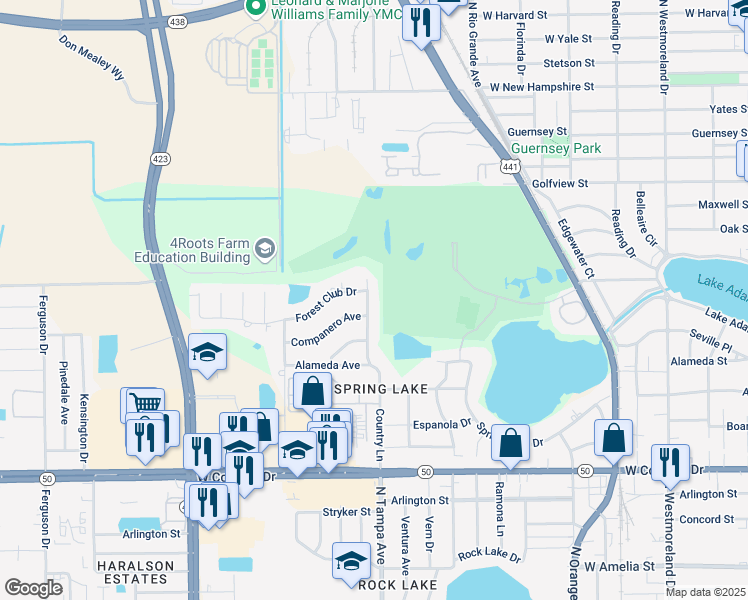 map of restaurants, bars, coffee shops, grocery stores, and more near 1410 Country Lane in Orlando