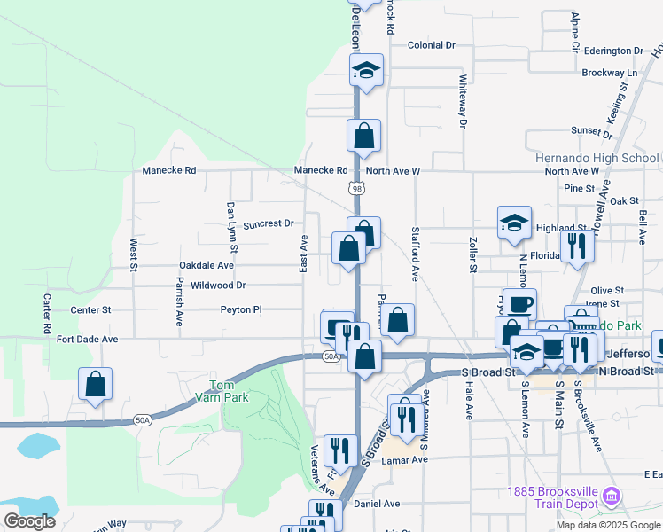 map of restaurants, bars, coffee shops, grocery stores, and more near 507 Sharon Street in Brooksville