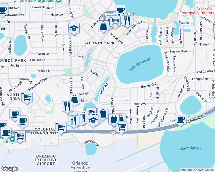map of restaurants, bars, coffee shops, grocery stores, and more near 4711 Fox Street in Orlando