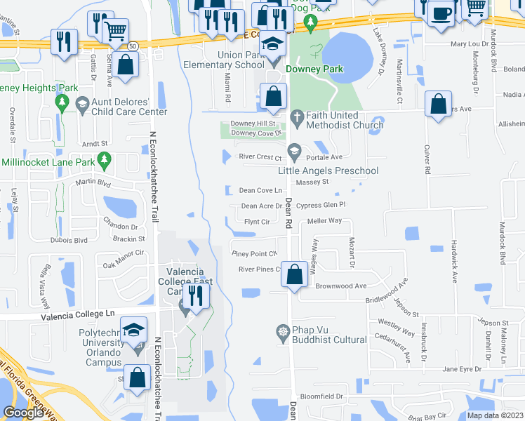 map of restaurants, bars, coffee shops, grocery stores, and more near 9914 Dean Acre Drive in Orlando