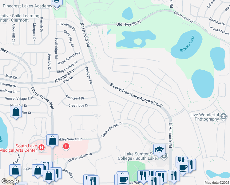 map of restaurants, bars, coffee shops, grocery stores, and more near 803 Princeton Drive in Clermont