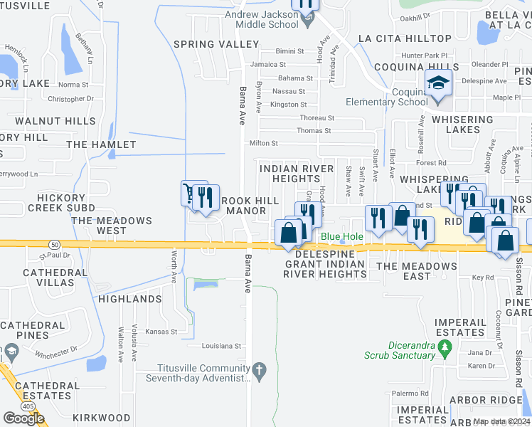 map of restaurants, bars, coffee shops, grocery stores, and more near 4530 Browning Avenue in Titusville