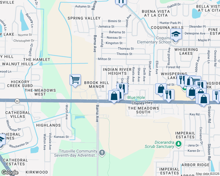 map of restaurants, bars, coffee shops, grocery stores, and more near 4500 Browning Avenue in Titusville