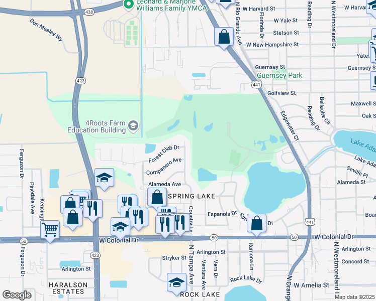 map of restaurants, bars, coffee shops, grocery stores, and more near 1410 Country Lane in Orlando