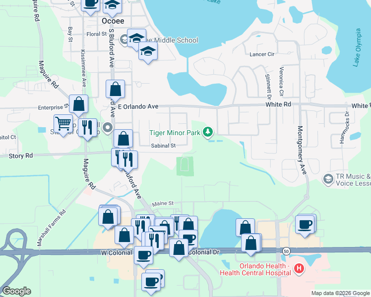 map of restaurants, bars, coffee shops, grocery stores, and more near 328 Sabinal Street in Ocoee