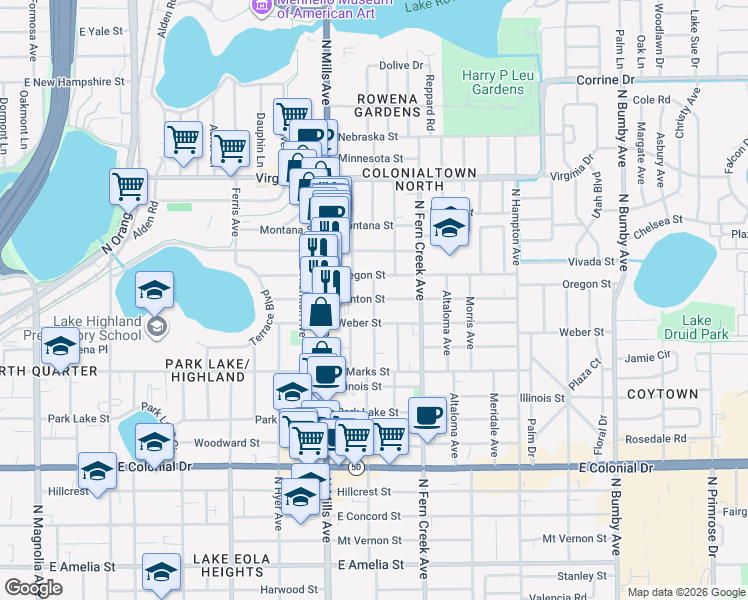 map of restaurants, bars, coffee shops, grocery stores, and more near 1023 Shine Avenue in Orlando