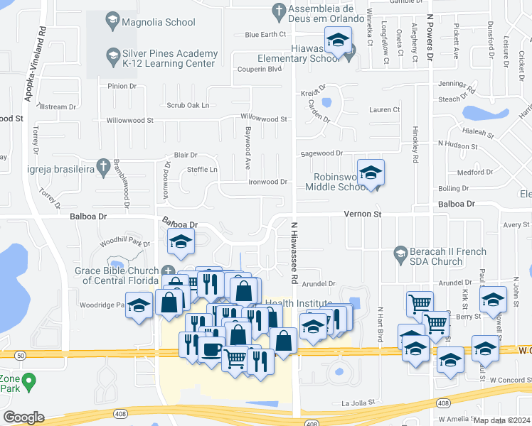 map of restaurants, bars, coffee shops, grocery stores, and more near 1619 Stanbury Drive in Orlando