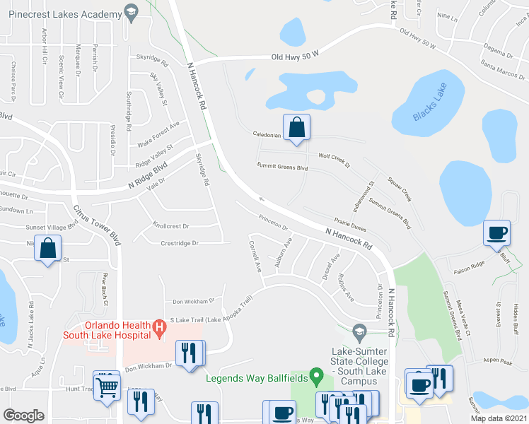 map of restaurants, bars, coffee shops, grocery stores, and more near 803 Princeton Drive in Clermont