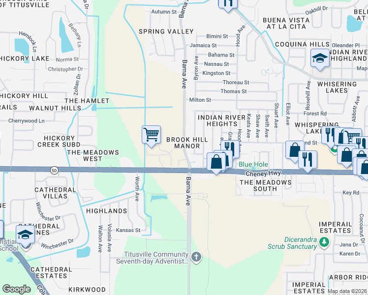 map of restaurants, bars, coffee shops, grocery stores, and more near 4507 Barna Avenue in Titusville