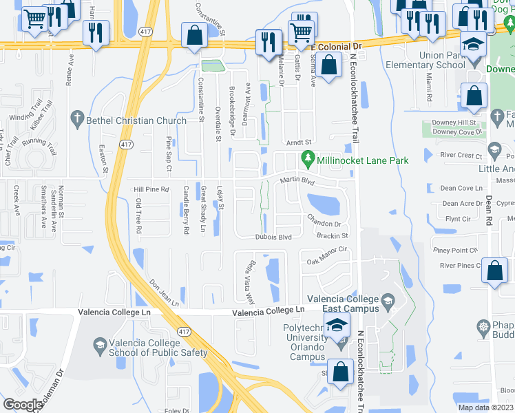 map of restaurants, bars, coffee shops, grocery stores, and more near 1037 Chambord Court in Orlando