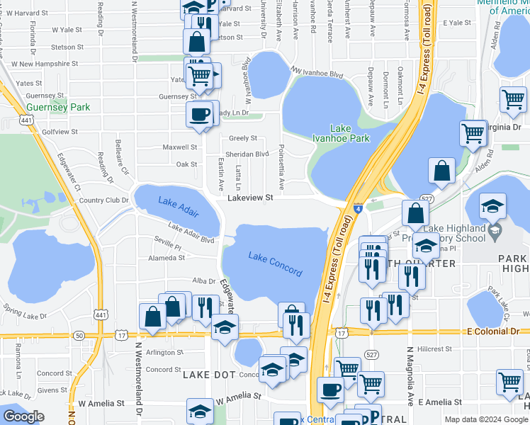 map of restaurants, bars, coffee shops, grocery stores, and more near 500 Lakeview Street in Orlando