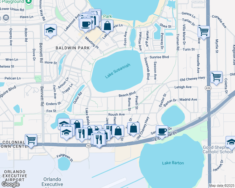 map of restaurants, bars, coffee shops, grocery stores, and more near 4585 Beach Boulevard in Orlando