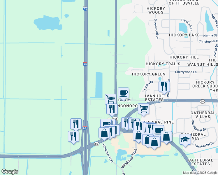 map of restaurants, bars, coffee shops, grocery stores, and more near 4401-4403 South Street in Titusville