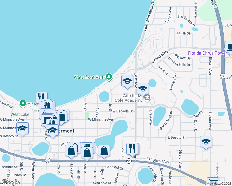 map of restaurants, bars, coffee shops, grocery stores, and more near 255 Orange Avenue in Clermont