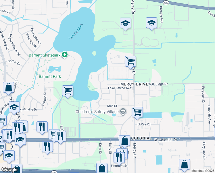 map of restaurants, bars, coffee shops, grocery stores, and more near 4505 Lake Lawne Avenue in Orlando