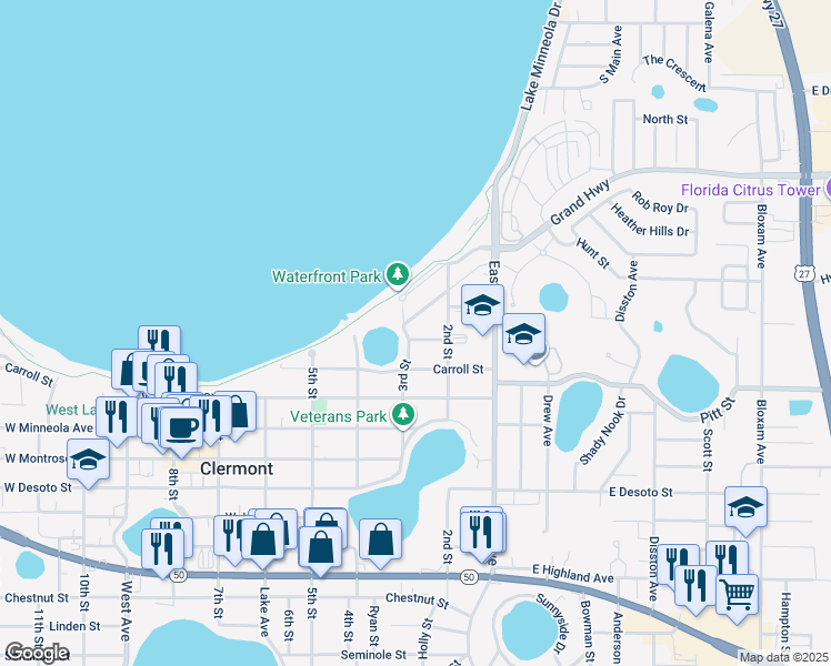 map of restaurants, bars, coffee shops, grocery stores, and more near 253 3rd Street in Clermont