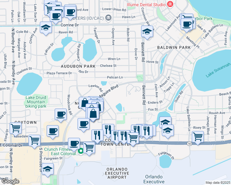 map of restaurants, bars, coffee shops, grocery stores, and more near 3370 Maguire Boulevard in Orlando
