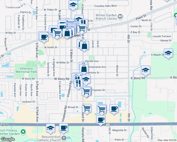 map of restaurants, bars, coffee shops, grocery stores, and more near 132 Pennsylvania Avenue in Winter Garden