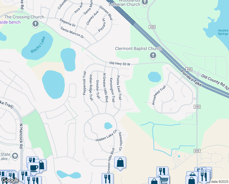 map of restaurants, bars, coffee shops, grocery stores, and more near 15609 Kensington Trail in Clermont