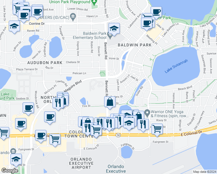 map of restaurants, bars, coffee shops, grocery stores, and more near 4237 Anson Lane in Orlando