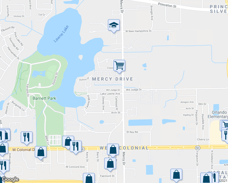 map of restaurants, bars, coffee shops, grocery stores, and more near 4303 Wd Judge Drive in Orlando