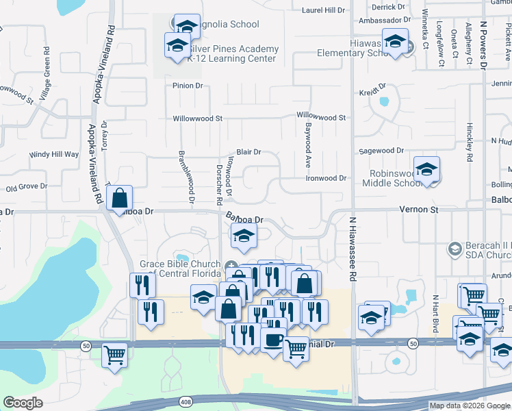map of restaurants, bars, coffee shops, grocery stores, and more near 7129 Ironwood Drive in Orlando