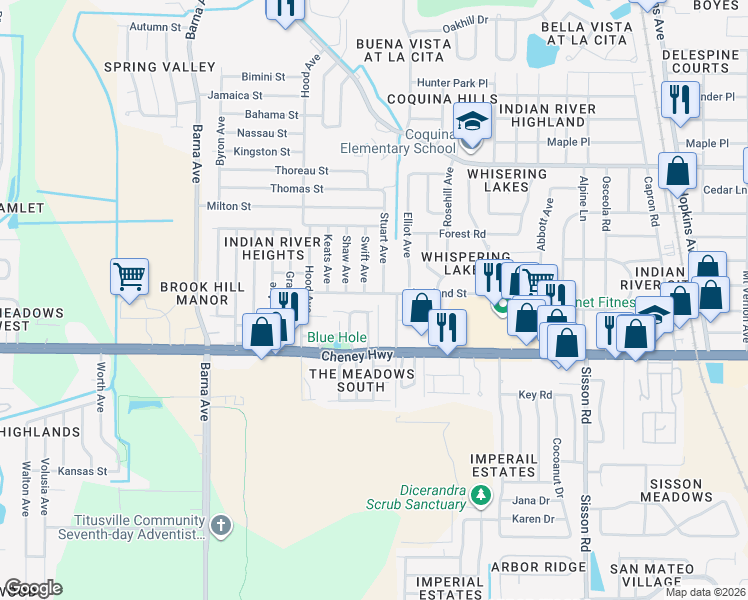 map of restaurants, bars, coffee shops, grocery stores, and more near 4505 Swift Avenue in Titusville