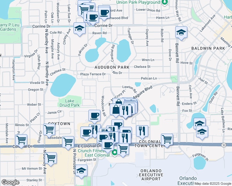 map of restaurants, bars, coffee shops, grocery stores, and more near 3438 Lawton Road in Orlando