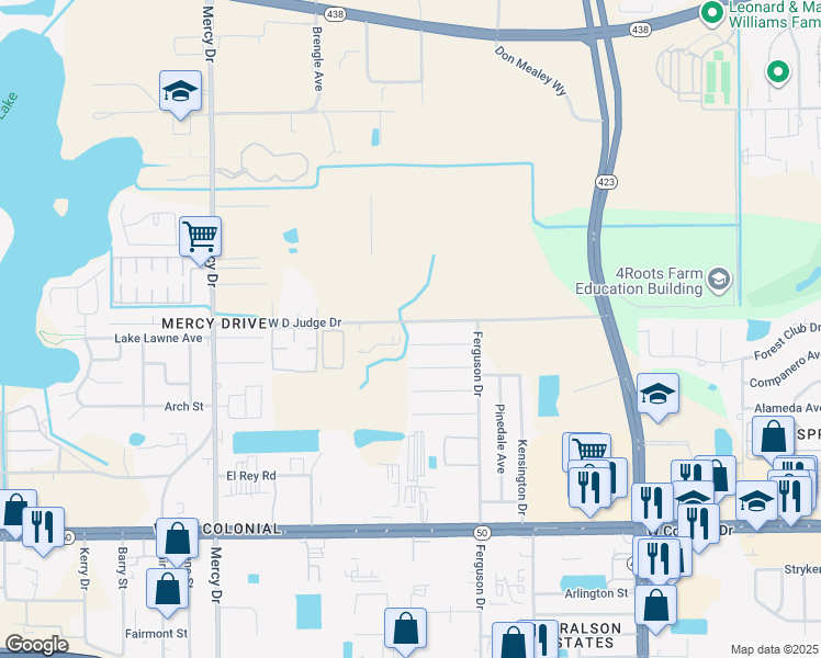 map of restaurants, bars, coffee shops, grocery stores, and more near 3634 Wd Judge Drive in Orlando