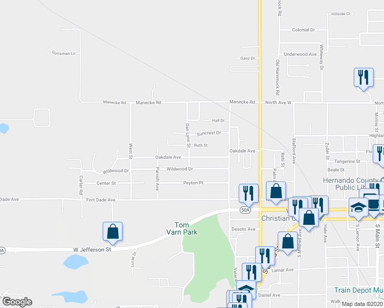 map of restaurants, bars, coffee shops, grocery stores, and more near 20043 Oakdale Avenue in Brooksville