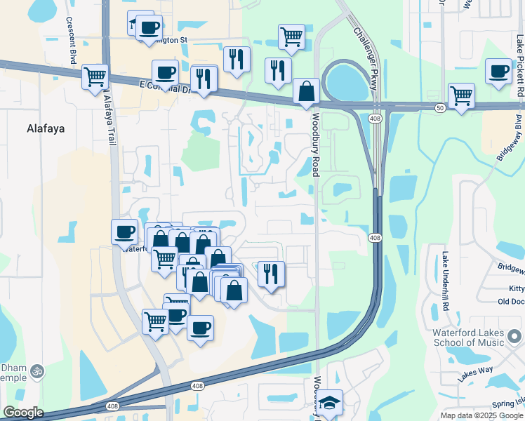 map of restaurants, bars, coffee shops, grocery stores, and more near 12706 Parkbury Drive in Orlando
