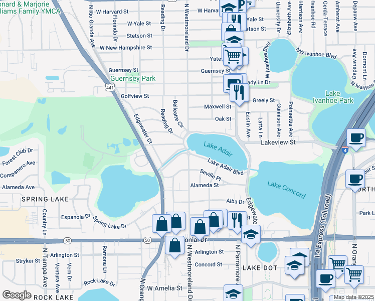 map of restaurants, bars, coffee shops, grocery stores, and more near 1001 North Westmoreland Drive in Orlando