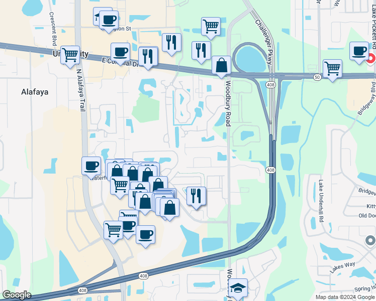 map of restaurants, bars, coffee shops, grocery stores, and more near 12702 Parkbury Drive in Orlando