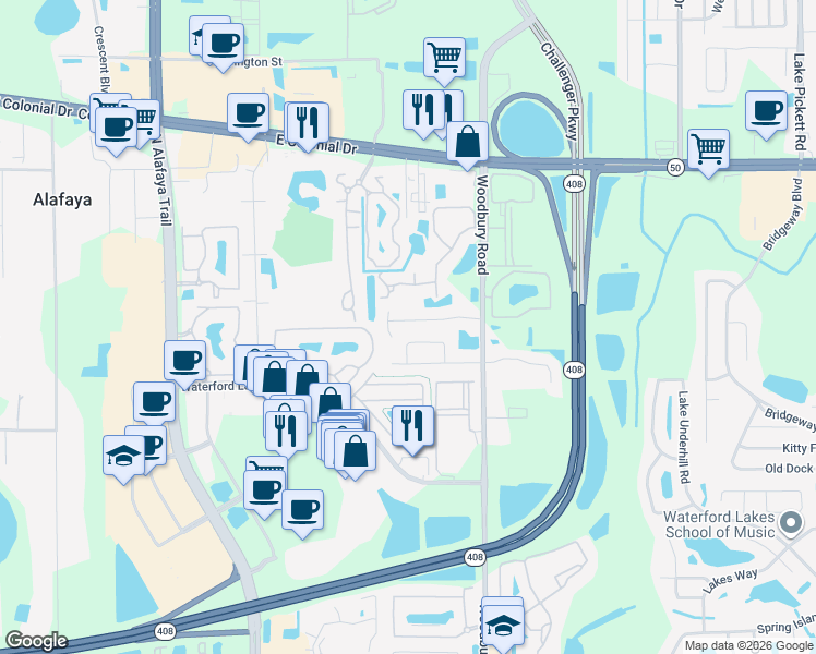 map of restaurants, bars, coffee shops, grocery stores, and more near 12718 Parkbury Drive in Orlando