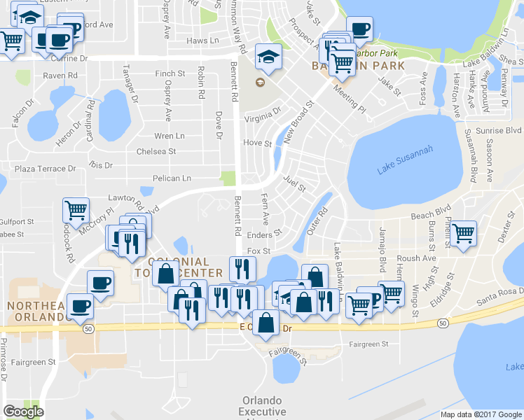 map of restaurants, bars, coffee shops, grocery stores, and more near 4674 Enders Street in Orlando