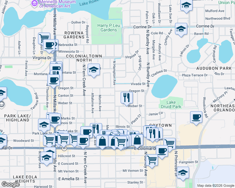 map of restaurants, bars, coffee shops, grocery stores, and more near 2016 Oregon Street in Orlando