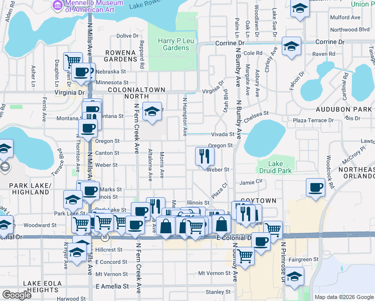 map of restaurants, bars, coffee shops, grocery stores, and more near 2016 Oregon Street in Orlando