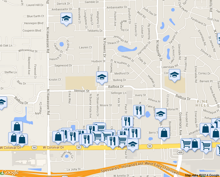 map of restaurants, bars, coffee shops, grocery stores, and more near 6217 Balboa Drive in Orlando