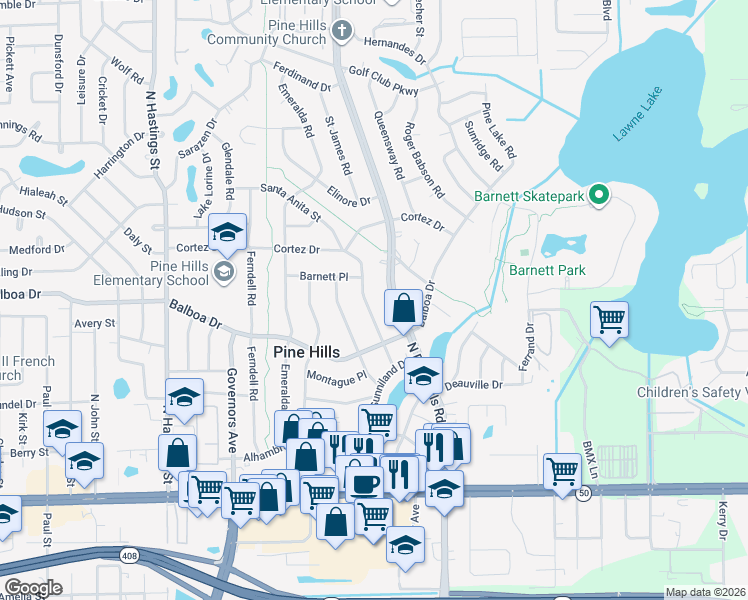 map of restaurants, bars, coffee shops, grocery stores, and more near 1028 North Pine Hills Road in Orlando