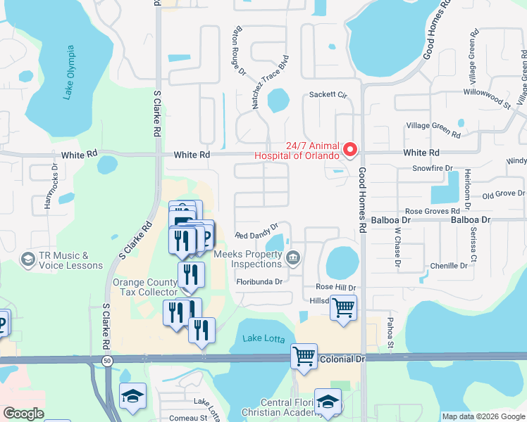 map of restaurants, bars, coffee shops, grocery stores, and more near 1120 Climbing Rose Drive in Orlando