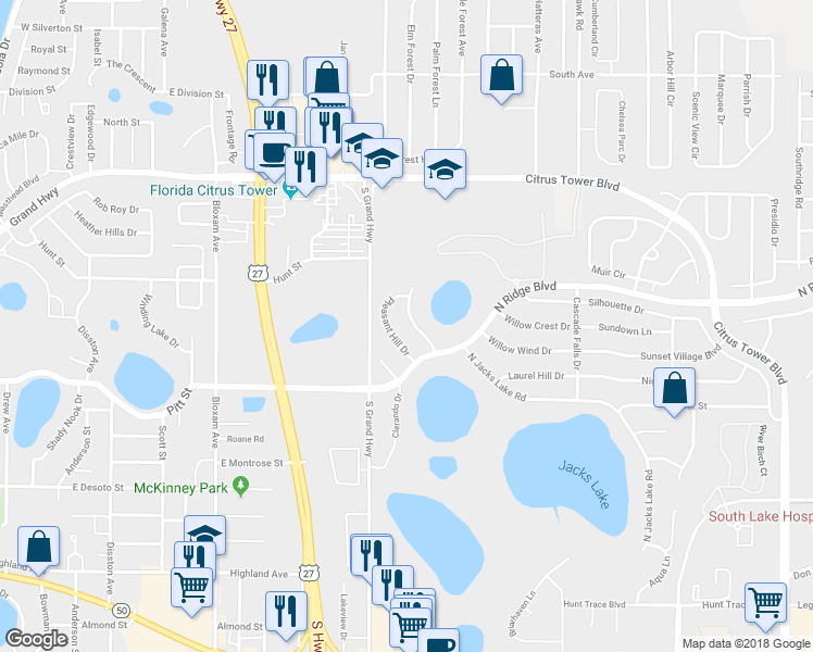 map of restaurants, bars, coffee shops, grocery stores, and more near 210 Willow Bend Drive in Clermont