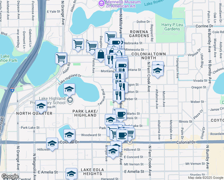 map of restaurants, bars, coffee shops, grocery stores, and more near 912 Oregon Street in Orlando